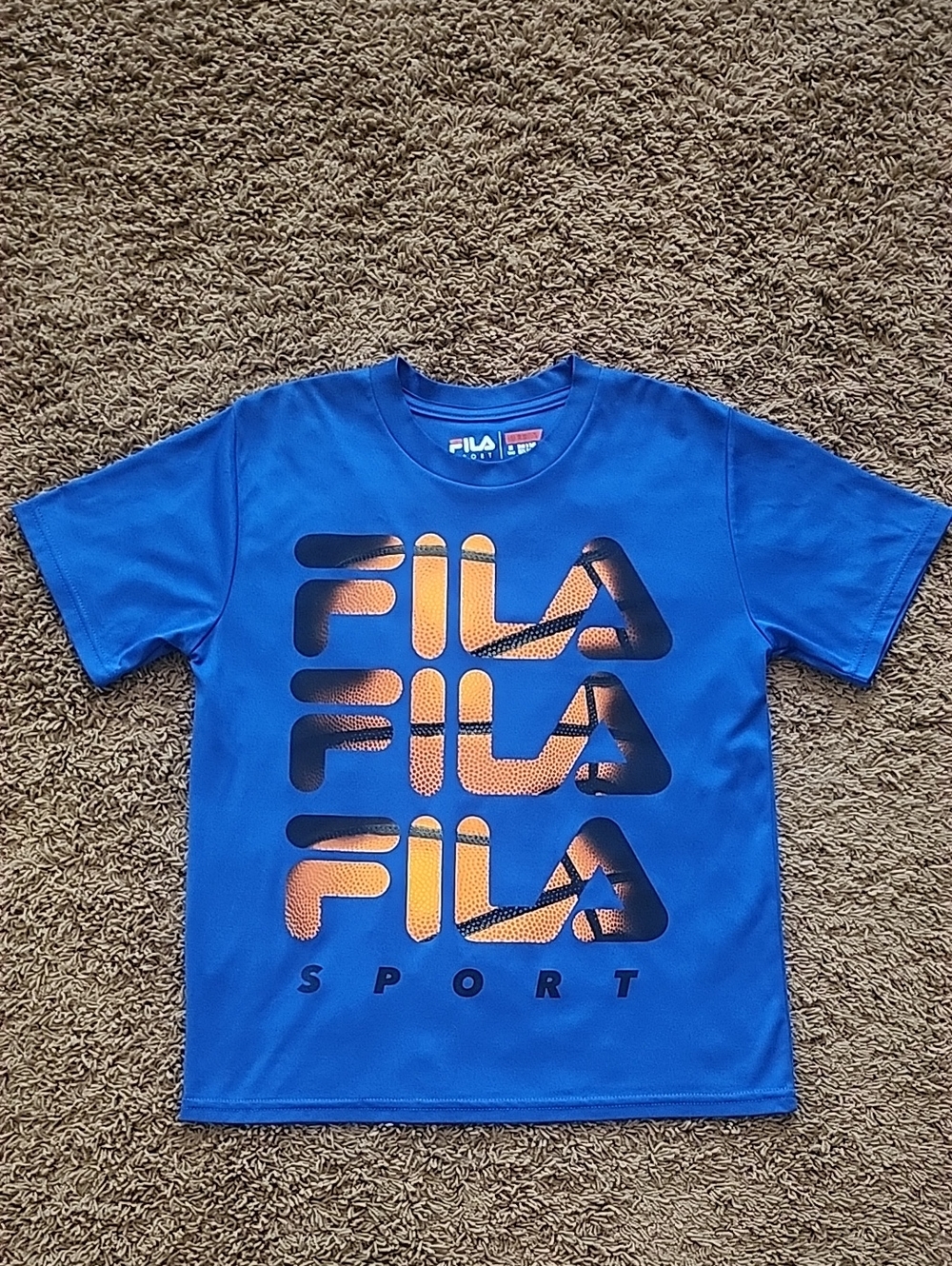 FILA Sport Royal Blue Kids Tee with Orange & Navy Basketball Style Logo M-10/12